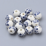 Handmade Printed Porcelain Beads, Round, Prussian Blue, 8mm, Hole: 2mm(X-PORC-Q201-8mm-4)