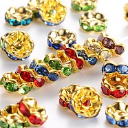 Brass Rhinestone Spacer Beads, Grade A  Mix, Rondelle, Golden and Nickel Free, Assorted Colors, about 7mm in diameter, 3.2mm thick, hole: 1mm(RSB029NFG)