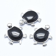 Natural Obsidian Pendant, with Alloy Findings, Tortoise, Platinum, 38x30.5x8.2mm, Hole: 3x4.5mm(G-G759-B16)