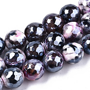 Electroplate Natural Fire Crackle Agate Beads Strands, Dyed, Faceted, Pearl Luster Plated, Round, Colorful, 10.5mm, Hole: 1.2mm, about 36~37pcs/strand, 14.37 inch~14.57 inch(36.5cm~37cm)(G-T131-55-13)