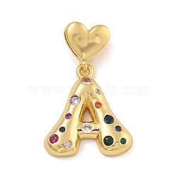 Brass Micro Pave Colorful Cubic Zirconia Pendants, Heart Letter Charms, Real 18K Gold Plated, Letter A, 30.5mm, Hole: 6x3mm, pendant: 21.5x20x4mm(KK-P281-01G-A)