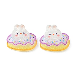 Translucent Cute Bunny Cabochons, Glitter Rabbit with Cake, White, 24x27x6mm(CRES-O006-10)