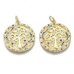 Brass Micro Pave Cubic Zirconia Pendants, Nickel Free, with Jump Rings, Flat Round with Tree of Life, Colorful, Real 18K Gold Plated, 23x20x1.5mm, Jump Ring: 5x0.6mm, inner diameter: 3mm(ZIRC-S061-166G-NF)