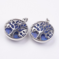 Natural Lapis Lazuli Pendants, with Platinum Tone Brass Findings, Flat Round with Tree of Life, 31.5x28x11.5mm, Hole: 5x7mm(KK-K216-A09)