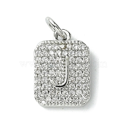 Rack Plating Brass Micro Pave Clear Cubic Zirconia Charms, Long-Lasting Plated, Lead Free & Cadmium Free, Rectangle with Letter Pattern, with Jump Ring, Platinum, Letter J, 14x9.5x2mm, Hole: 3mm(KK-G501-01J-P)