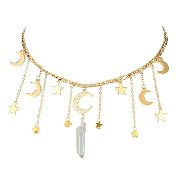 Moon & Star 304 Stainless Steel & Natural Quartz Crystal Charms Bib Necklace, Tassel Necklace with Brass Figaro Chains, Golden, 15.83 inch(40.2cm)
