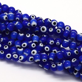 Handmade Evil Eye Lampwork Round Bead Strands, Blue, 8mm, Hole: 1mm, about 49pcs/strand, 14.17 inch