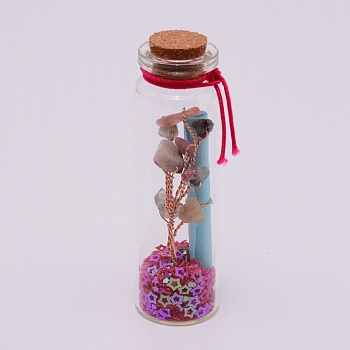 Mini Glass Wishing Bottles, with Cork Stopper, Sequins and Wire Wrapped Tree of Life Synthetic Quartz Chips, for Home Office Desk Decorations, Deep Pink, 7.3x2.2cm