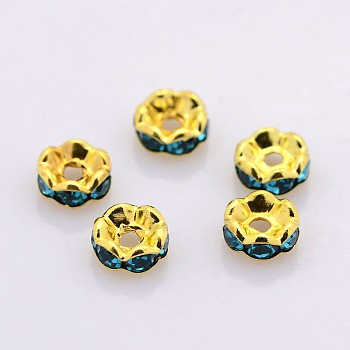 Brass Rhinestone Spacer Beads, Grade A, Wavy Edge, Golden Metal Color, Rondelle, Blue Zircon, 8x3.8mm, Hole: 1mm