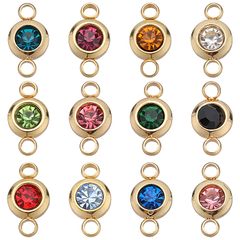 24Pcs 12 Colros 304 Stainless Steel Rhinestone Connector Charms, Flat Round Links, Golden, Mixed Color, 12x6.5x4mm, Hole: 2mm, 2pcs/color