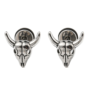 304 Stainless Steel Stud Earrings, Cattle, Antique Silver, 12x11.5mm
