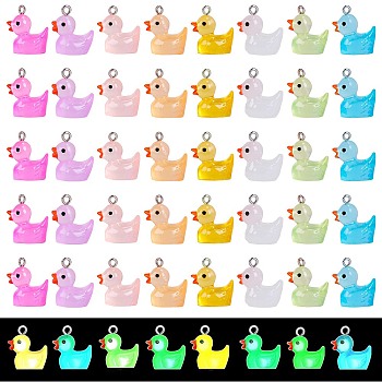 48Pcs 8 Colors Transparent Resin Pendants Colorful Night Glow Duck Pendant Creative Jewelry Accessories, Mixed Color, 16x11.5mm, Hole: 2.5mm, 6pcs/color