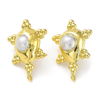 Rack Plating Brass Teardrop Stud Earring Findings, with Natural Pearl Beaded & Vertical Loops, Long-Lasting Plated, Golden, 34x24mm, Hole: 1.8mm, Pin: 0.8mm