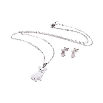 304 Stainless Steel Puppy Jewelry Sets, Cable Chains, Pendant Necklaces and Stud Earrings, with Ear Nuts/Earring Back, Chihuahua Dog, Stainless Steel Color, 17.8 inch(45.4cm), 1.5mm, 10x6mm, Pin: 0.8mm