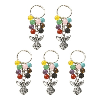 Mixed Gemstone Beads Keychain, with Resin Imitation Amber Beads and Tibetan Style Alloy Angel Pendants, Iron Split Key Rings, Antique Silver & Platinum, 8cm, about 5pcs/bag