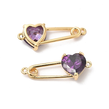 Heart Shaped Glass Connector Charms, Real 18K Gold Plated Brass Safety Pin Links, Dark Orchid, 11x28.5x5.8mm, Hole: 1.4mm