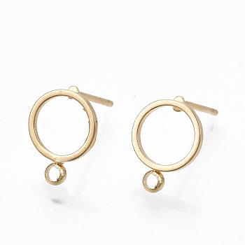 Brass Stud Earring Findings, with Loop, Ring, Real 18K Gold Plated, 12.5x10mm, Hole: 1.4mm, Pin: 0.7mm