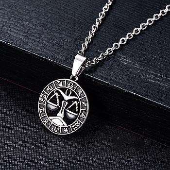 Stainless Steel Pendants, Stainless Steel Color, Flat Round with Constellation Charm, Libra, 28x25mm