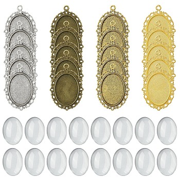 20Pcs 4 Styles Oval Tibetan Style Alloy Pendant Cabochon Settings, Lead Free & Cadmium Free, with 20Pcs Transparent Glass Cabochons, Mixed Color, Tray: 25x18m, 39x29x2mm, Hole: 2.5mm, about 300pcs/1000g