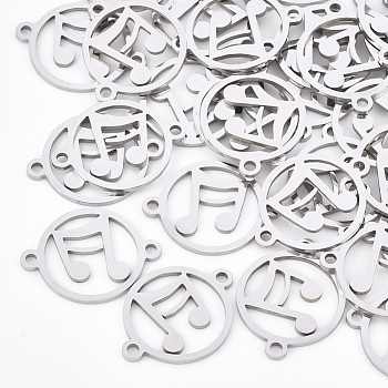 201 Stainless Steel Links connectors, Laser Cut Links, Flat Round with Musical Note, Stainless Steel Color, 20x15x1mm, Hole: 1.6mm