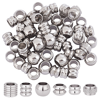 Elite 100Pcs 6 Style 201 Stainless Steel European Beads Sets, Large Hole Beads, Column & Rondelle, Stainless Steel Color, 6~8x3.8~7mm, Hole: 4~4.5mm