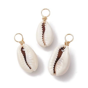 Natural Cowrie Shell Pendants, Shell Shape Charms with Copper Wire Loops, Light Gold, 21.5~25.5x9.5~11.5x7~9.5mm, Hole: 4mm