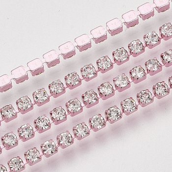 Electrophoresis Iron Rhinestone Strass Chains, Crystal Rhinestone Cup Chains, with Spool, Pink, SS12 Rhinestone, 3~3.2mm, about 10yards/roll