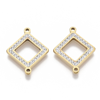 304 Stainless Steel Links connectors, with Rhinestone, Rhombus, Golden, Crystal, 24x19x2mm, Hole: 1.5mm