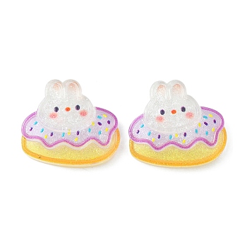 Translucent Cute Bunny Cabochons, Glitter Rabbit with Cake, White, 24x27x6mm