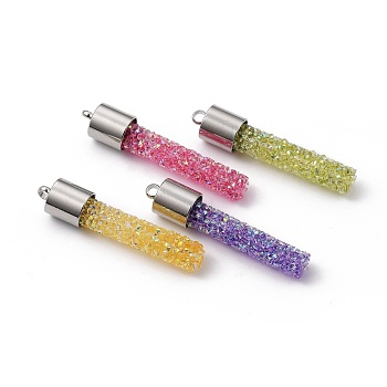 Glass Rhinestone Pendants, with 304 Stainless Steel Cord Ends, Column, Stainless Steel Color, Mixed Color, 39x8mm, Hole: 2mm