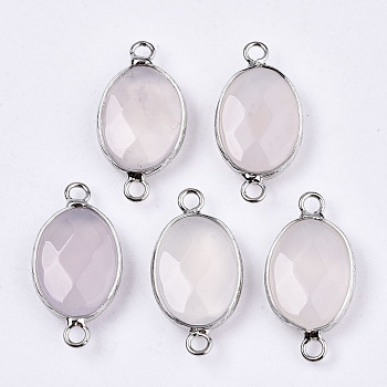 Natural White Jade Links/Connectors, Platinum Tone Brass Edge, Faceted Oval, WhiteSmoke, 27.5x14~15x6mm, Hole: 2mm