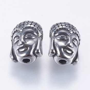 304 Stainless Steel Beads, Reversible, Buddha, Antique Silver, 11.5x9x6.5mm, Hole: 1.5mm
