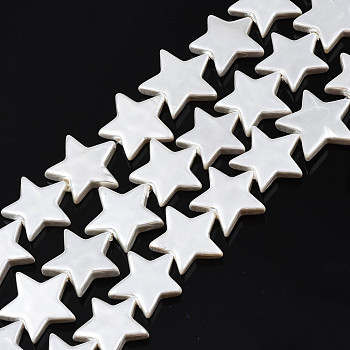 Natural Freshwater Shell Beads Strands, Star, Floral White, 14x15x2.5mm, Hole: 0.5mm, about 15pcs/strand, 7.28 inch(18.5cm)