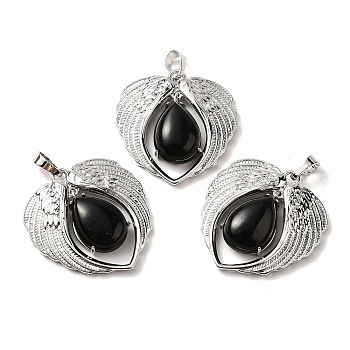 Natural Obsidian Teardrop Pendants, Wing Charms, with Rack Plating Platinum Plated Brass Findings, Lead Free & Cadmium Free, 36x34x8~8.5mm, Hole: 8x5mm