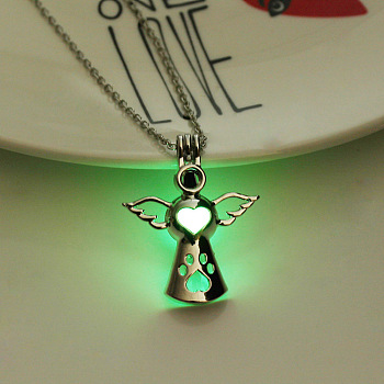 Alloy Angel Cage Pendant Necklace with Luminous Plastic Beads, Glow in the Dark Jewelry for Women, Medium Spring Green, 17.72 inch(45cm)
