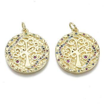 Brass Micro Pave Cubic Zirconia Pendants, Nickel Free, with Jump Rings, Flat Round with Tree of Life, Colorful, Real 18K Gold Plated, 23x20x1.5mm, Jump Ring: 5x0.6mm, inner diameter: 3mm