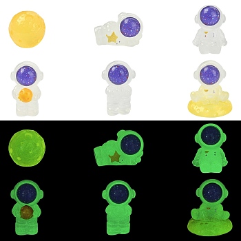 30Pcs 6 Styles Aether Theme Luminous Resin Moon & Astronaut Sculpture Display Decorations, for Home Office Desk, Glow in the Dark, Mixed Shapes, 15~22.5x13~21.5x16~26mm, 5pcs/style