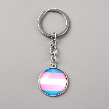 Glass Keychain, with Platinum Plated Iron Split Key Rings, Flat Round with Striped Pattern, Colorful, 8.5cm