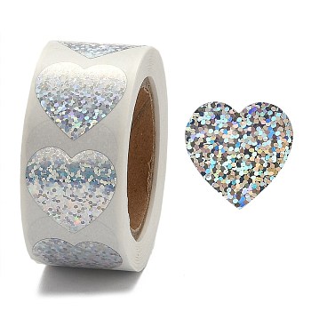 Heart Shaped Laser Stickers Roll, Valentine's Day Sticker Adhesive Label, for Decoration Wedding Party Accessories, Silver, 25x25mm, 500pcs/roll