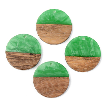 Opaque Resin & Walnut Wood Pendants, Flat Round, Green, 28x3mm, Hole: 2mm