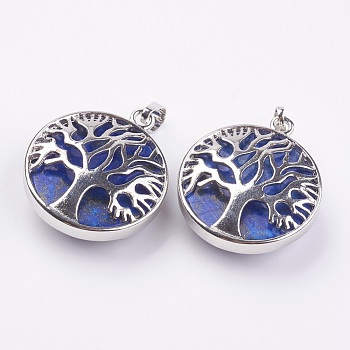 Natural Lapis Lazuli Pendants, with Platinum Tone Brass Findings, Flat Round with Tree of Life, 31.5x28x11.5mm, Hole: 5x7mm