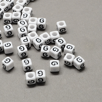 Large Hole Acrylic Letter European Beads, Horizontal Hole, White & Black, Cube with Letter.G, 7~8x7~8x7~8mm, Hole: 4mm, about 1144pcs/500g