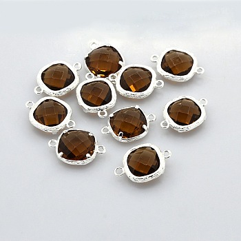 Nickel Free Silver Color Plated Brass Glass Links connectors, Square, Sienna, 18x13x5mm, Hole: 1mm