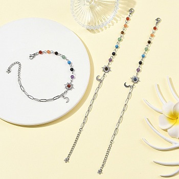 7 Chakra Gemstone Beaded Chain & 304 Stainless Steel Paperclip Chain Bracelets, Sun Charm Bracelets, Stainless Steel Color, 7.48 inch(19cm)