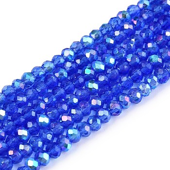 Electroplate Glass Beads Strands, Half Rainbow Plated, Faceted, Rondelle, Medium Blue, 2.3~2.7x2mm, Hole: 0.4mm, about 150~155pcs/strand, 32~33cm