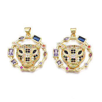 Brass Micro Pave 
Cubic Zirconia Pendants, with Brass Snap on Bails, Nickel Free, Real 18K Gold Plated, Ring with Leopard, Colorful, 29x27.5x5mm, Hole: 3x5mm