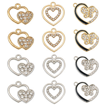 24Pcs 3 Styles 2 Colors Alloy with Crystal Rhinestone Pendants, Heart Charms, Mixed Color, 14.5~22.1x16.5~18x2mm, Hole: 1.5~2mm, 4pcs/color