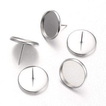 Flat Round 304 Stainless Steel Stud Earring Settings, Stainless Steel Color, Tray: 14mm, 16mm, Pin: 0.7mm