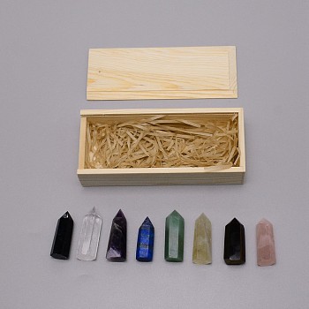 8Pcs Wood Box Storage Natural Mixed Gemstone Beads, Bullet, Black Obsidian & Quartz Crystal & Amethyst & Lapis Lazuli & Green Aventurine & Citrine & Tiger eye & Rose Quartz, Mixed Color, 40~48x13~17mm