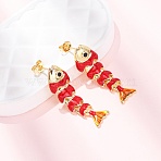 Fish Brass Micro Pave Cubic Zirconia Dangle Stud Earrings, with Enaeml, Real 18K Gold Plated, Rack Plating, Long-Lasting Plated, Cadmium Free & Lead Free, Red, 32.5x10mm(EJEW-C174-05G-04)